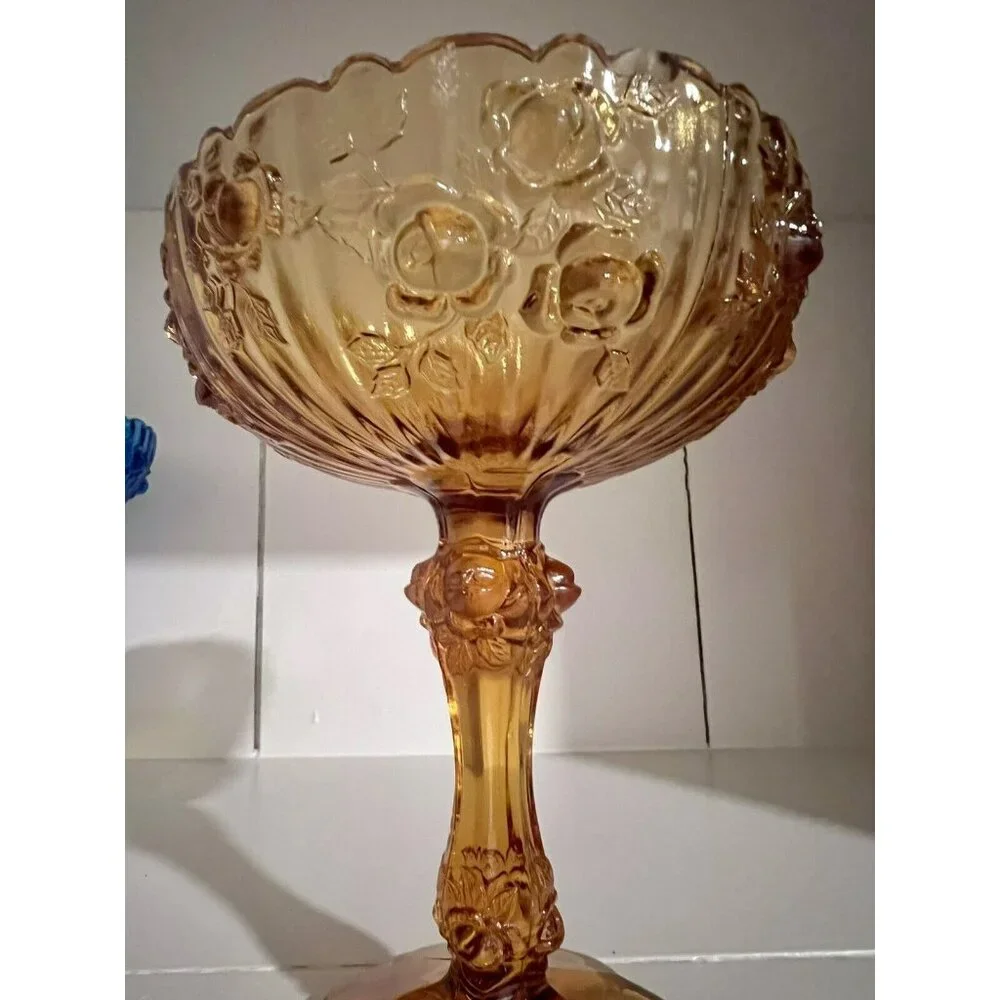 Vintage Fenton Cabbage Rose, Amber Glass Footed Compote‎ Candy Dish